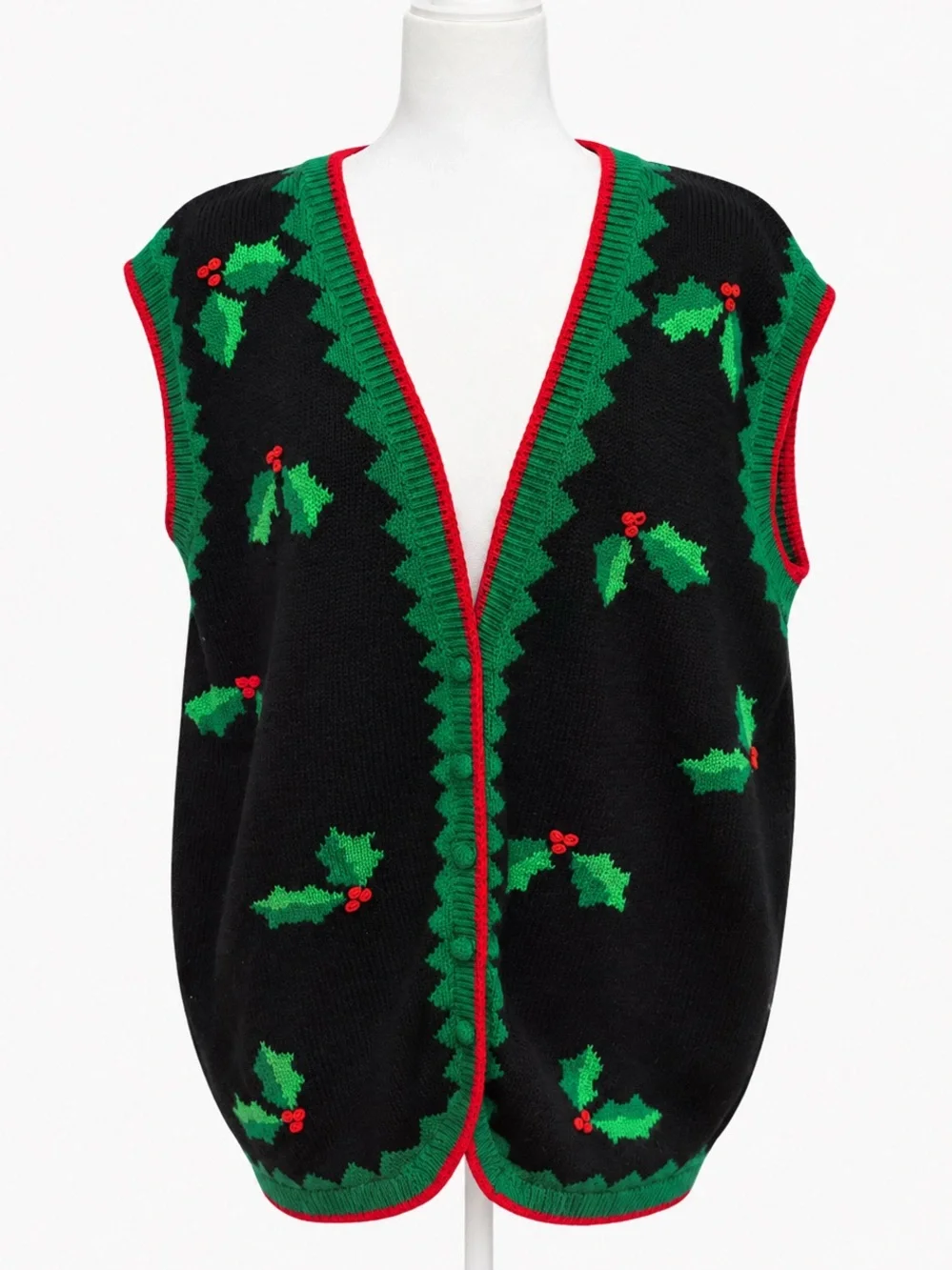 Vintage Bechamel Christmas Holly Sweater Vest Size 1X Black Red Green